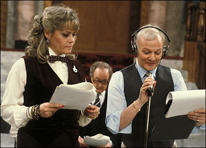 Wendy Richard as Miss Brahms, with co-star John Inman on the set of Are You Being Served?