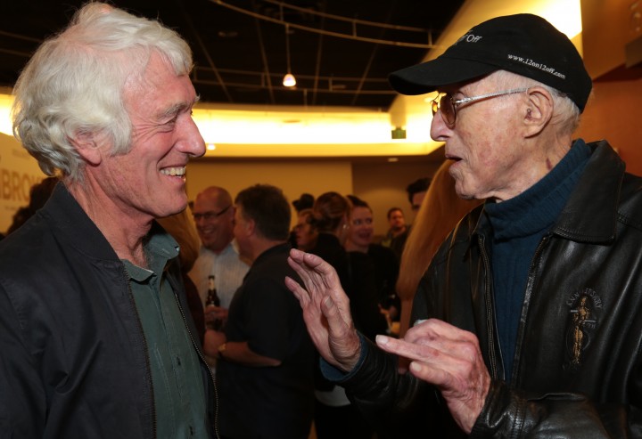 Haskell Wexler (R) chats with fellow Oscar-winning Cinematographer Roger Deakins, photograph circa December 2014. 